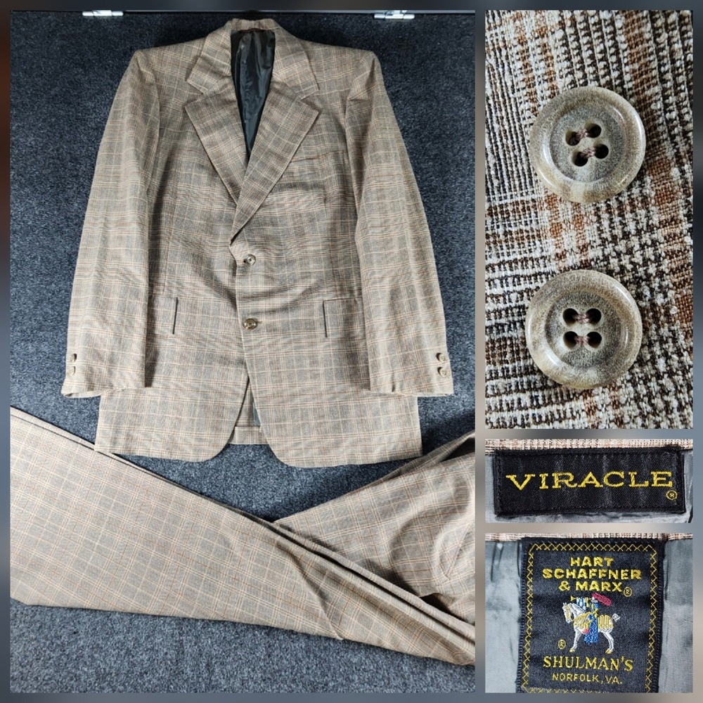 VTG 70s Hart Schaffner & Marx Mens Brown Plaid 2 Piece Suit 43R‎ Trousers 37x30